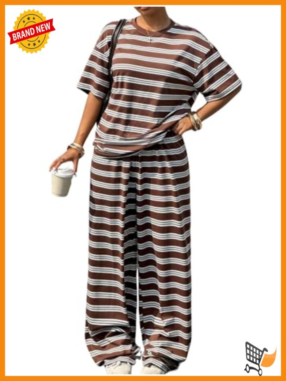 Women's 2 Piece Striped Matching Set Wide Leg Pants Short Sleeve Loungewear